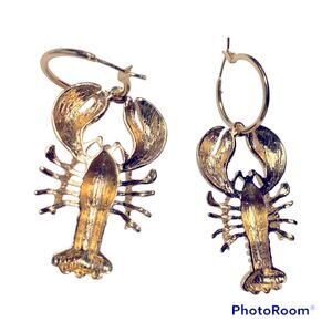Lobster Earrings, NWOT, Goldtone, Large charms with hoop earrings